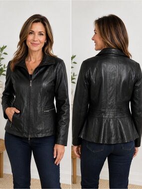 East 5th Black Genuine Leather Peplum Jacket M Fitted Zip Moto Y2K